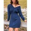 CUPSHE Cable Knit Pullover Sweater Mini Fall Dress for Women Smocked Waist V Neck Long Sleeve Casual Sweater Dresses(Blue)