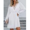 CUPSHE Mini Dresses for Women V Neck Ruffled Long Sleeve Tunic Waist A Line Casual Fall Dress(White)