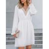 CUPSHE Mini Dresses for Women V Neck Ruffled Long Sleeve Tunic Waist A Line Casual Fall Dress(White)