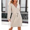 CUPSHE Women Casual Fall Dress 2024 V Neck Long Sleeve Ribbed Knit Belted A Line Mini Pullover Sweater Dress(Light Grey)