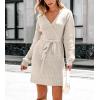 CUPSHE Women Casual Fall Dress 2024 V Neck Long Sleeve Ribbed Knit Belted A Line Mini Pullover Sweater Dress(Light Grey)
