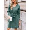 CUPSHE Womens Casual Fall Dress 2024 V Neck Long Sleeve Ribbed Knit Belted Fitted A Line Pullover Midi Sweater Dress(Dusty Green)