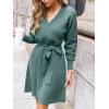CUPSHE Womens Casual Fall Dress 2024 V Neck Long Sleeve Ribbed Knit Belted Fitted A Line Pullover Midi Sweater Dress(Dusty Green)