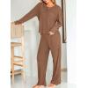 CUPSHE Women’s Pajama Sets, 2 Piece Crew Neck Long Sleeves Top with Pants Lounge Sleepwear Set(Brown)