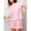 CUPSHE Women’s Pajama Sets, 2 Piece Crew Neck Short Sleeves Ruffled Trim Top and Shorts Summer Loungewear Pjs Set(Pink)