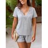 CUPSHE Women’s Pajama Sets, 2 Piece V Neck Short Sleeves Lace Trim Top with Shorts Lounge Sleepwear Set(Gray)