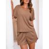 CUPSHE Women’s Pajama Sets, 2 Piece V Neck Short Sleeves Soft Top with Shorts Summer Lounge Sleepwear Set(Brown)
