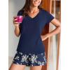 CUPSHE Women’s Pajama Sets, 2 Piece V Neck Short Sleeves Top with Floral Print Shorts Lounge Sleepwear Set(Navy Blue)