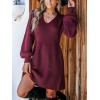 CUPSHE Women’s Sweater Dress V Neck Honeycomb Long Sleeve Textured Fall Casual Knit Pullover Dresses(Burgundy)