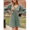 CUPSHE Women’s Sweater Dress V Neck Honeycomb Long Sleeve Textured Fall Casual Knit Pullover Dresses(Dusty Green)