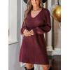 CUPSHE Womens Sweater Dress V Neck Long Sleeves Casual Fall Outfit Ribbed Knit Daily Warm Mini Dress(Burgundy)