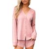 CUPSHE Ribbed Knit Long Sleeve and Short Pajama Sets 2 Piece Button Down Long Sleeve PJs for Women Soft Loungewear Pink