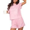 CUPSHE Women’s Pajama Sets, 2 Piece Crew Neck Short Sleeves Ruffled Trim Top and Shorts Summer Loungewear Pjs Set(Pink)