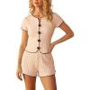 CUPSHE Women’s Pajama Sets, 2 Piece Soft Notched Neck Short Sleeves with Shorts Lounge Sleepwear Set(Beige)