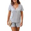 CUPSHE Women’s Pajama Sets, 2 Piece V Neck Short Sleeves Lace Trim Top with Shorts Lounge Sleepwear Set(Gray)