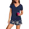 CUPSHE Women’s Pajama Sets, 2 Piece V Neck Short Sleeves Top with Floral Print Shorts Lounge Sleepwear Set(Navy Blue)