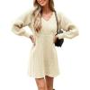 CUPSHE Women’s Sweater Dress V Neck Honeycomb Long Sleeve Textured Fall Casual Knit Pullover Dresses(Beige)