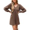 CUPSHE Women’s Sweater Dress V Neck Honeycomb Long Sleeve Textured Fall Casual Knit Pullover Dresses(Coffee)