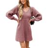 CUPSHE Women’s Sweater Dress V Neck Honeycomb Long Sleeve Textured Fall Casual Knit Pullover Dresses(Dusty Rose)