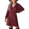 CUPSHE Womens Sweater Dress V Neck Long Sleeves Casual Fall Outfit Ribbed Knit Daily Warm Mini Dress(Burgundy)