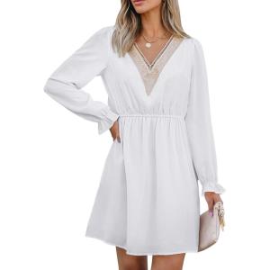 CUPSHE Mini Dresses for Women V Neck Ruffled Long Sleeve Tunic Waist A Line Casual Fall Dress(White)