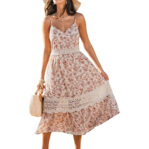 CUPSHE Summer Dresses for Women 2025 Long V Neck Floral Lace Casual Sleeveless A Line Sundress Beach Midi Dress(Beige Floral)