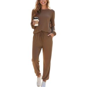 CUPSHE Womens 2 Piece Outfits Lounge Sets Long Sleeve Tops Drawstring Jogger Pants Spring Travel Pants Sets(Khaki)