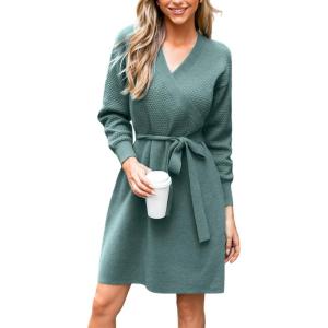 CUPSHE Womens Casual Fall Dress 2024 V Neck Long Sleeve Ribbed Knit Belted Fitted A Line Pullover Midi Sweater Dress(Dusty Green)