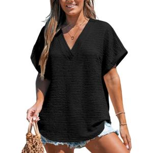 CUPSHE Womens Knit Tops V Neck Dolman Sleeve T Shirt 2024 Summer Casual Tunic S-XL(Black)