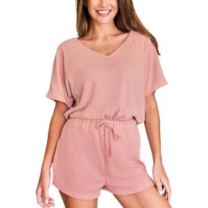 CUPSHE Women’s Pajama Sets, 2 Piece V Neck Short Sleeves Soft Top with Shorts Summer Sleepwear Loungewear Pjs Set(Pink)