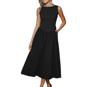 CUPSHE Women’s Party Dress Crew Neck Sleeveless Slim Fit Drop Waist Pockets Knit Maxi Formal Dress(Black)