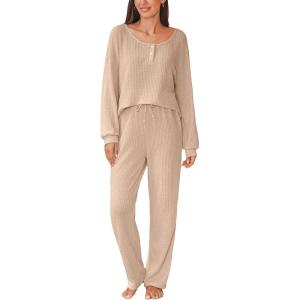 CUPSHE Womens Ribbed Knit Pajama Sets Long Sleeve Loungewear 2 Piece Soft and Comfy Lounge PJs Sets(B2-beige-2)