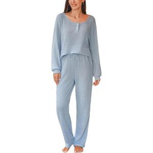 CUPSHE Womens Ribbed Knit Pajama Sets Long Sleeve Loungewear 2 Piece Soft and Comfy Lounge PJs Sets(B2-blue-2)