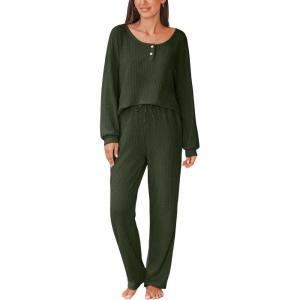 CUPSHE Womens Ribbed Knit Pajama Sets Long Sleeve Loungewear 2 Piece Soft and Comfy Lounge PJs Sets(B2-green-2)