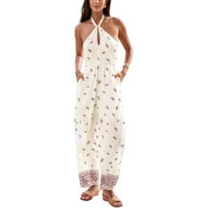CUPSHE Women’s Summer Halter Jumpsuits Boho Paisley Floral Straight Leg Long Pants Sleeveless Smocked Romper with Pockets(Beige)