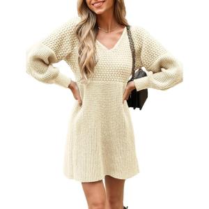 CUPSHE Women’s Sweater Dress V Neck Honeycomb Long Sleeve Textured Fall Casual Knit Pullover Dresses(Beige)