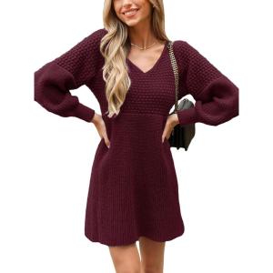 CUPSHE Women’s Sweater Dress V Neck Honeycomb Long Sleeve Textured Fall Casual Knit Pullover Dresses(Burgundy)