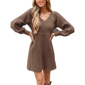 CUPSHE Women’s Sweater Dress V Neck Honeycomb Long Sleeve Textured Fall Casual Knit Pullover Dresses(Coffee)