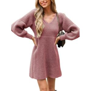CUPSHE Women’s Sweater Dress V Neck Honeycomb Long Sleeve Textured Fall Casual Knit Pullover Dresses(Dusty Rose)