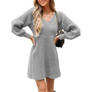 CUPSHE Women’s Sweater Dress V Neck Honeycomb Long Sleeve Textured Fall Casual Knit Pullover Dresses(Light Grey)