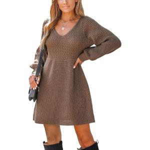 CUPSHE Womens Sweater Dress V Neck Long Sleeves Casual Fall Outfit Ribbed Knit Daily Warm Mini Dress(Brown)