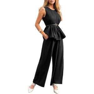 CUPSHE Womens Two Piece Sets Sleeveless Belted Peplum Top and Wide Leg Pants Elegant Work Office Business Casual Matching Set(Black)