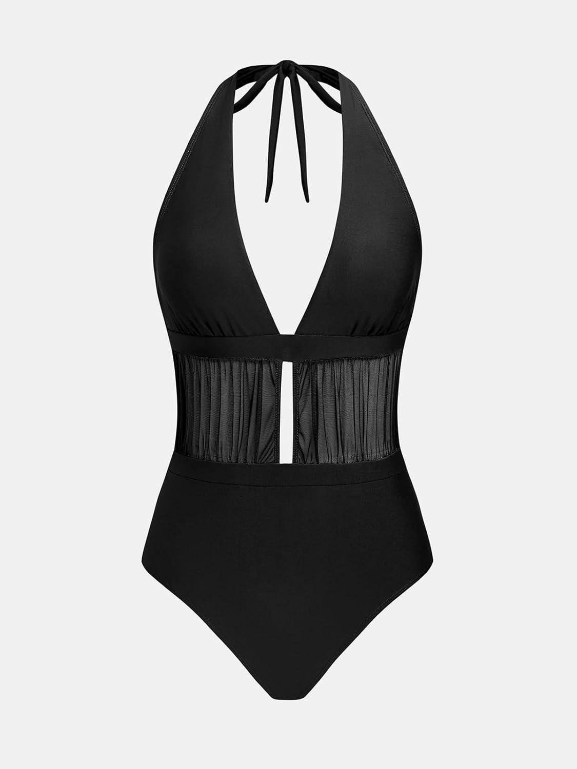 imageCUPSHE Womens One Piece Swimsuit Sexy Deep V Neck Halter Bathing Suit Ruched Mesh Self Tie SwimwearBlack