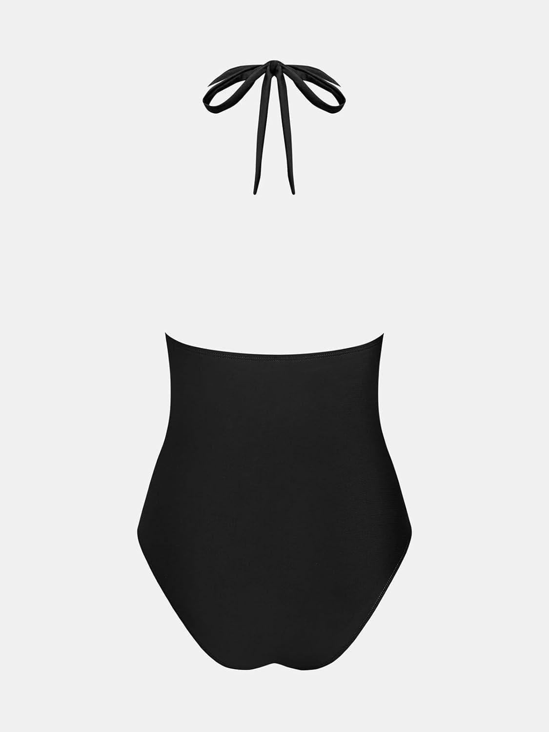 imageCUPSHE Womens One Piece Swimsuit Sexy Deep V Neck Halter Bathing Suit Ruched Mesh Self Tie SwimwearBlack