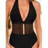CUPSHE Women’s One Piece Swimsuit Sexy Deep V Neck Halter Bathing Suit Ruched Mesh Self Tie Swimwear(Black)