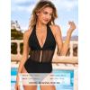 CUPSHE Women’s One Piece Swimsuit Sexy Deep V Neck Halter Bathing Suit Ruched Mesh Self Tie Swimwear(Black)