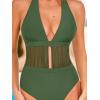 CUPSHE Women’s One Piece Swimsuit Sexy Deep V Neck Halter Bathing Suit Ruched Mesh Self Tie Swimwear(Olive Green)
