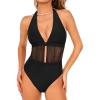 CUPSHE Women’s One Piece Swimsuit Sexy Deep V Neck Halter Bathing Suit Ruched Mesh Self Tie Swimwear(Black)