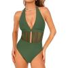 CUPSHE Women’s One Piece Swimsuit Sexy Deep V Neck Halter Bathing Suit Ruched Mesh Self Tie Swimwear(Olive Green)