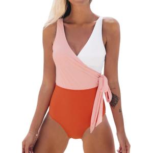 CUPSHE Women’s One Piece Swimsuit Bathing Suit High Neck Scalloped Cutout Crisscross Back(Orangewhite)